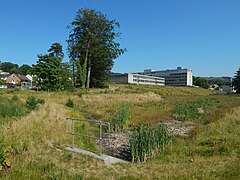 A floodwater storage pond, in its usual empty state. It is intended to soak up flood water and release it slowly.