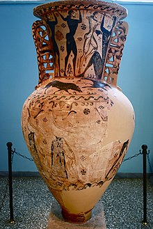 Ancient Greek vase-painting of the cyclops Polyphemus being blinding by several men, who drive a wooden stake into his single eye.