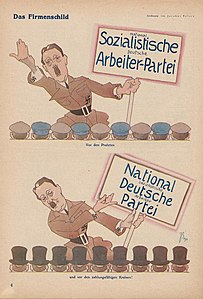 Selon que son auditoire soit composé d'ouvriers ou de financiers, Hitler accentue alternativement tel ou tel vocable du nom de son parti. Illustration de Jacobus Belsen, 1930.