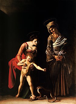 Peinture. Une femme tient son enfant nu qui écrase un serpent, sous le regard d'une autre femme plus âgée.