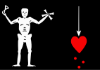 One of Roberts' flags described in Johnson's General History: "The Flag had a Death in it, with an Hour-Glass in one Hand, and cross Bones in the other, a Dart by it, and underneath a Heart dropping three Drops of Blood."