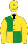 Yellow and green (quartered), yellow sleeves, yellow armlets, striped cap