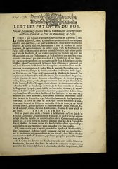 « Lettres patentes du roy, portant règlement & statuts pour la communauté des imprimeurs en taille-douce de la ville & fauxbourgs de Paris », XVIIe siècle.