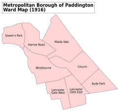 A map showing the Lancaster Gate wards of the Metropolitan Borough of Paddington as they appeared in 1916.