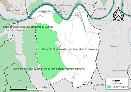 Carte des ZNIEFF de type 1 sur la commune.