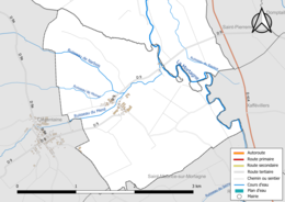 Carte en couleur présentant le réseau hydrographique de la commune