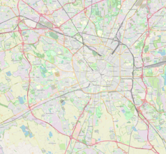 Mapa konturowa Mediolanu, blisko centrum na prawo znajduje się punkt z opisem „Katedra Narodzin św. Marii w&nbsp;Mediolanie”