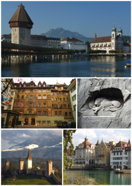 Clockwise from top: Kapellbrücke, Löwendenkmal, Old town, City walls, Traditional frescoed building