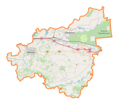 Mapa konturowa powiatu wielickiego, na dole znajduje się punkt z opisem „Gdów”