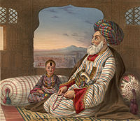 Khan with one of his sons, sketched by James Rattray.