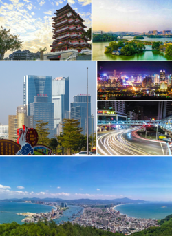 Top：Hejiang Tower, Huizhou West Lake, Middle：Jiangbei skyline, Huicheng District at night Bottom：Shuangyue Bay