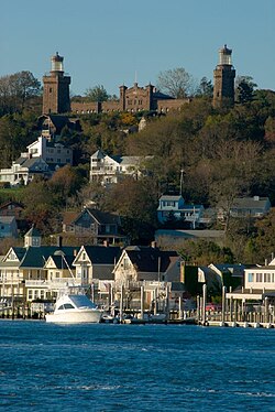 The eastern shore of Highlands borough, topped on a bluff by the Twin Lights of the Navesink