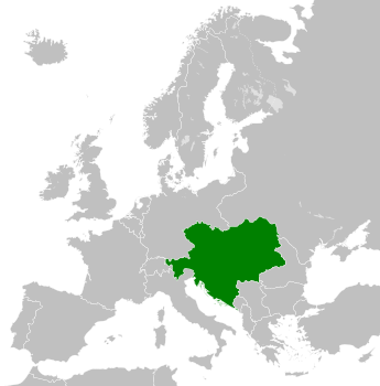 Harta Europei în anul 1914, în ajunul Primului Război Mondial (Austro-Ungaria pusă în evidență)