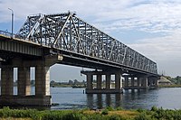 The bridge over the Yenisey in Krasnoyarsk, Russia, viewed from the left bank.