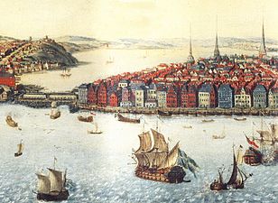 Skeppsbron omkring 1690, målning efter Swiddes gravyr för Suecia antiqua et hodierna.