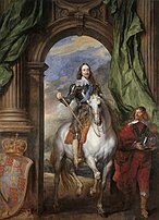 Charles I riding a white horse through an archway. A man in red carries his helmet.