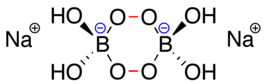 Structuurformule van het dimeer van perboraat (de peroxidebindingen zijn rood weergegeven, de ladingen blauw)