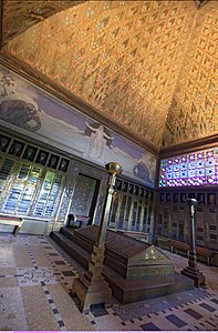 Crematorium (1908–1910), interior, with stylised fir tree design on ceiling. The symbolist murals by L'Epplattenier were added later.