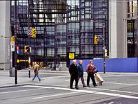 The exteriors of the structures are largely covered with glass (1997)