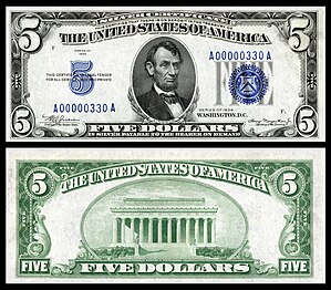 Obverse and reverse of an 1934 five-dollar silver certificate