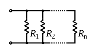 A diagram of several resistors, side by side, both leads of each connected to the same wires