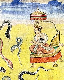 Ilustrasi Janamejaya dalam suatu lukisan yang menggambarkan upacara pengorbanan ular, dari Razmnama atau Mahabharata versi bahasa Persia (abad ke-17).