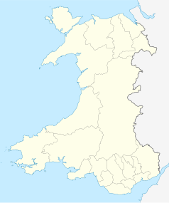 Mapa konturowa Walii, blisko dolnej krawiędzi po prawej znajduje się punkt z opisem „Katedra w Llandaff”