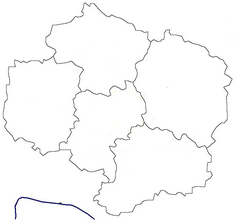 Mapa konturowa kraju Wysoczyna, po lewej nieco u góry znajduje się punkt z opisem „Želiv”