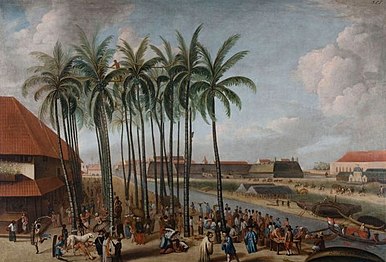 Olieverfschilderij door Andries Beeckman van het Kasteel Batavia gezien van Kali Besar west met op de voorgrond de vismarkt. (circa 1662) Collectie Wereldmuseum Amsterdam.