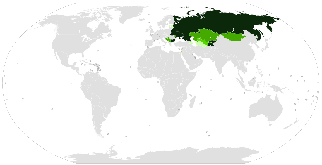 alt=Countries with widespread use of the Cyrillic script:   Sole official script   Co-official with another script (either because the official language is biscriptal, or the state is bilingual)   Being replaced with Latin, but is still in official use   Legacy script for the official language, or large minority use   Cyrillic is not widely used