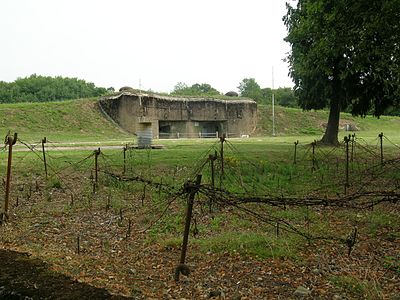 Xarxa de filferro d'arç amb ganivetes afuades plantades al terra, davant de l'entrada de l'ouvrage de l'Immerhof