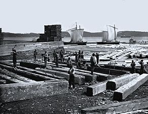 Photographie, Butting square timber, les extrémités des plançons sont taillées en pointe, ce qui les protège des rochers pendant le flottage. Québec, QC, 1872, William Notman (1826-1891), Plaque de verre au collodion humide, 20 x 25 cm