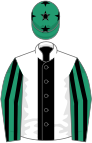 White, black stripe, emerald green and black striped sleeves, emerald green cap, black stars