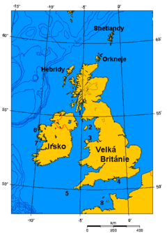 Britské ostrovy: 1. ostrov Arran, 2. ostrov Man, 3. ostrov Anglesey, 4. ostrov Wight, 5. ostrovy Scilly, 6. ostrov Achill, 7. Aranské ostrovy, (8. Normanské ostrovy)