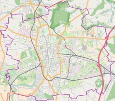 Mapa konturowa Łodzi, na dole po prawej znajduje się punkt z opisem „Wiskitno A-Las”