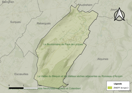 Carte de la ZNIEFF de type 2 sur la commune.