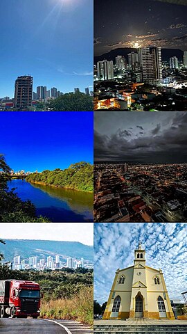 Da esquerda para direita vista panorâmica da cidade, o Rio Grande, Cidade vista de cima, vista da cidade a partir da BR-242, Catedral São João Batista