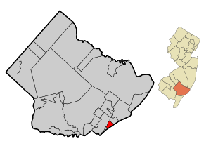 Map of Margate City in Atlantic County. Inset: Location of Atlantic County highlighted in the State of New Jersey.