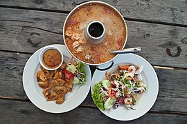 Thai seafood set, shrimp soup, shrimp salad and deep fried shrimp