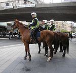 Svenska ridande poliser med kravallutrustning.