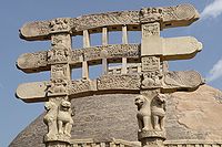 Stupa gateway at Sanchi, c. 100 CE or perhaps earlier, with densely packed reliefs