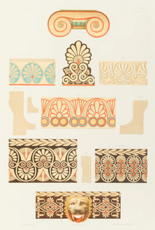 Ancient Greek polychrome palmettes, illustrated by Jacques Ignace Hittorff, 1830 (published in 1851)[38]