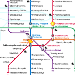 Plánek petrohradského metra ukazuje místo útoku mezi stanicemi Sennaja ploščaď a Technologičeskij institut a místo nálezu druhé bomby ve stanici Ploščaď Vosstanija.