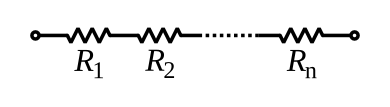 A diagram of several resistors, connected end to end, with the same amount of current going through each