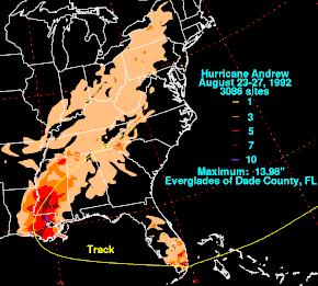 A map of the United States showing various rainfall totals by color code