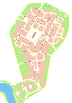 Mapa konturowa Starego Miasta w Krakowie, blisko centrum na prawo u góry znajduje się punkt z opisem „Mały Rynek”