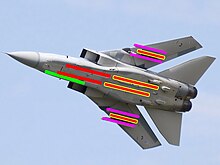 Underside view of jet fighter with colourful lines superimposed on the aircraft, showing under-wing and under-fuselage hardpoints