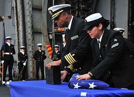 A burial at sea ceremony aboard the real USS Enterprise (CVN 65)