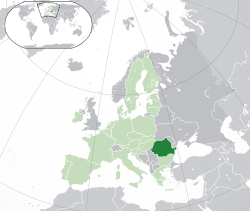 Location o  Roumainie  (daurk green) – on the European continent  (green & daurk grey) – in the European Union  (green)  —  [Legend]