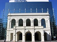 The National Theatre Bucharest was destroyed in WW2, and the front was reconstructed in 2010 with a modern glass building behind.